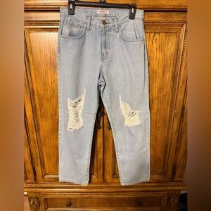 Women's Light Blue Distressed Straight Leg Jeans